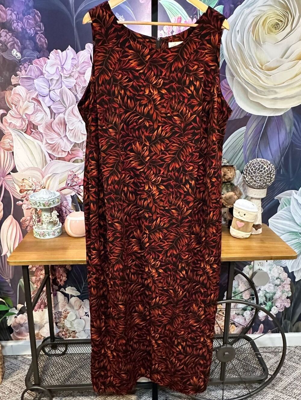 Studio I 22W Black Red Leaf Print Maxi Dress Boho Artsy Fall Casual Sleeveless